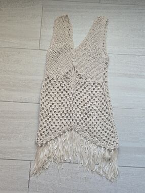 Boho Crochet Fringe V-Neck Cover-Up in Neutral Beige